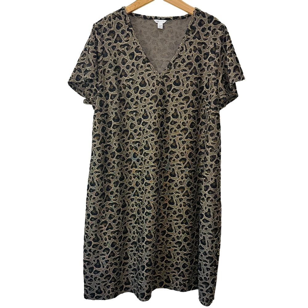 Cato Leopard Print Brown Midi Dress Pockets V Neck 18/20W